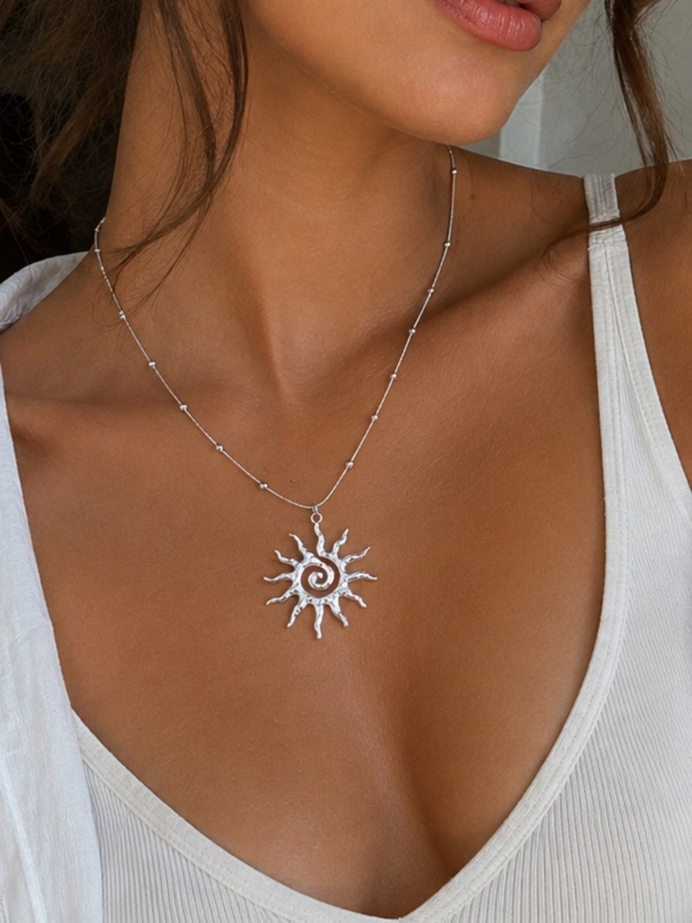 Silver-Tone Stainless Steel Sun Pendant Necklace
